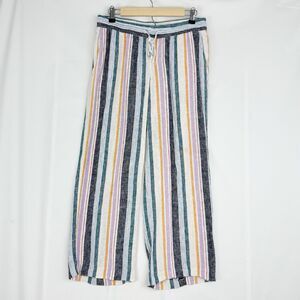 OLD NAVY Linen Pants Women Small Striped Straight Leg Pull-On Drawstring Casual